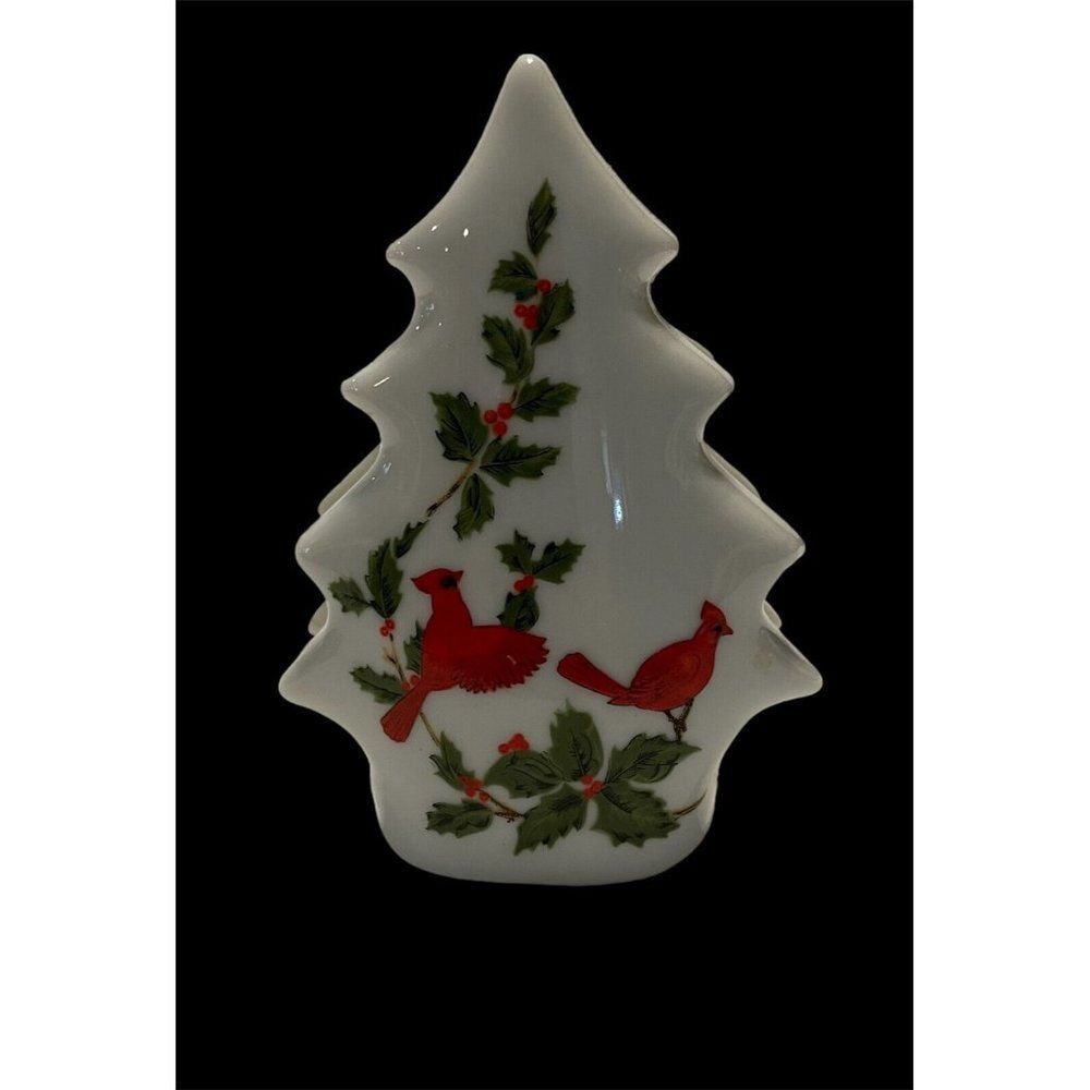 vtg 80s 1984 lefton china Christmas tree ceramic napkin holder cardinal loved